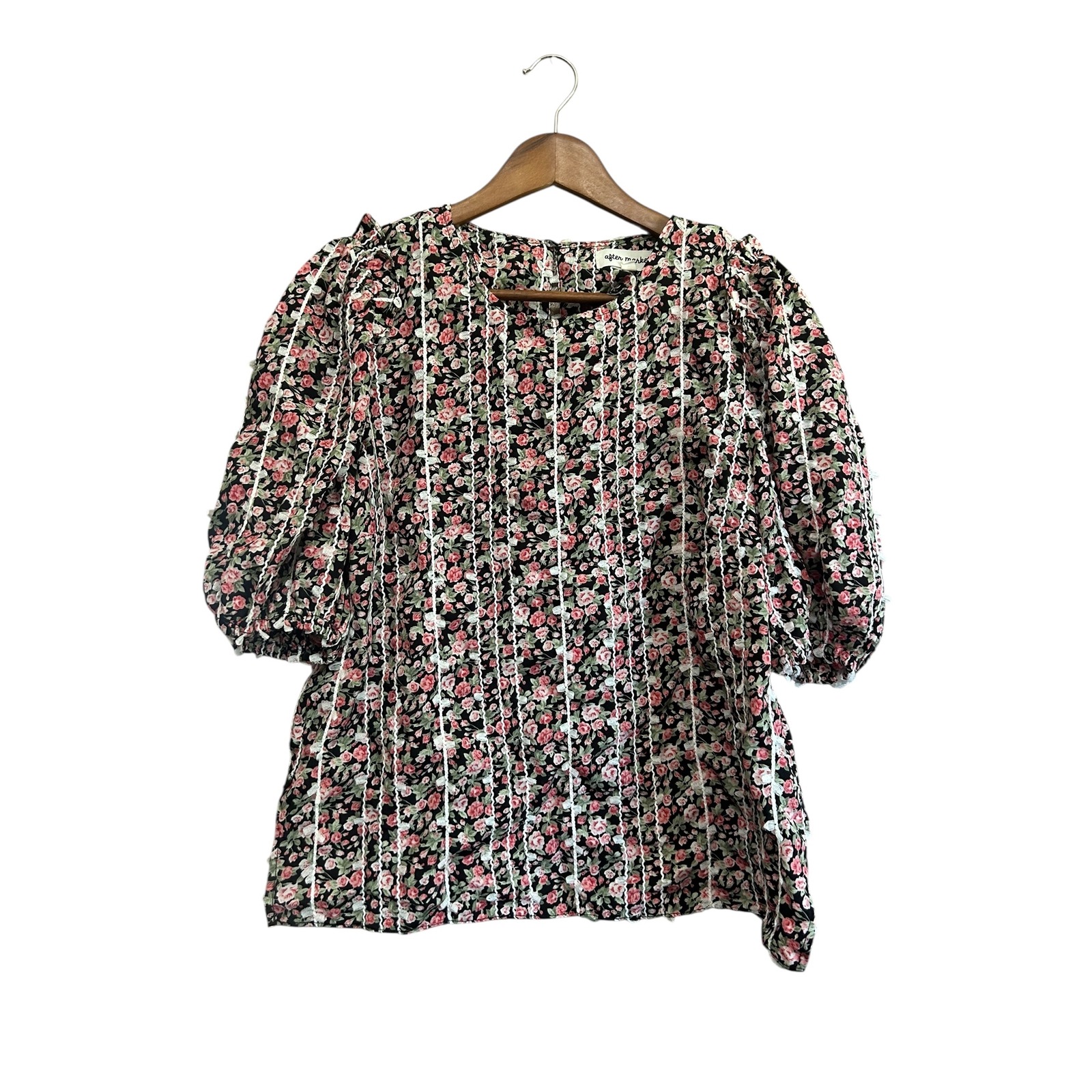 After Market Floral Print Blouse Top White Lace Trimmed Puff Sleeve M